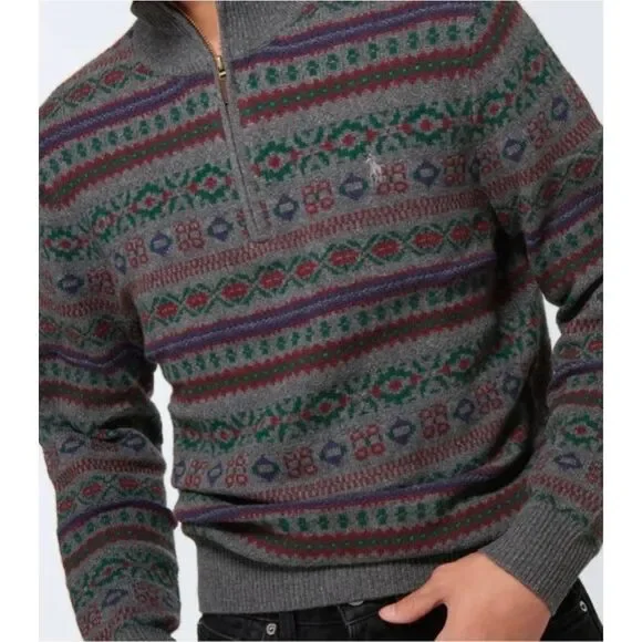 POLO RALPH LAUREN Men's Grey Fair Isle Wool-Cashmere 1/4 Zip Pullover Sweater L